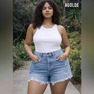 AGOLDE High Rise Distressed Button Fly Denim Shorts Raw Hem Size 31